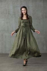 Army Green Linen Dress with Vest and Side Pockets — dress with Vest